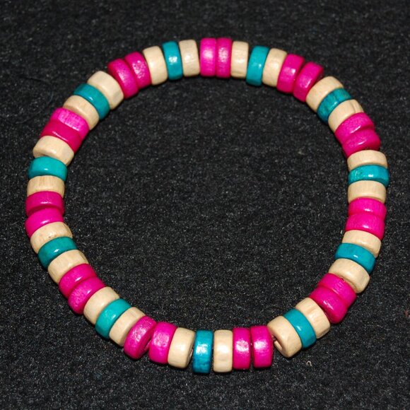 Pink Bracelet,Wood Bracelet,Pink Surfer Bracelet,Pink Wooden Bracelet - Picture 1 of 2